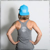 This is the back of the Strong Athletic Nerd Racerback. The racerback has the Strong Athletic logo in white ink on the back, in the middle of the shoulder blades. The design of this Bella and Canvas tank top is meant to be flowy and allow you to move around, so you can wear it when you lift or run or play sports. 