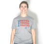 Front of the United Strong Athletes t-shirt. This is a gender neutral American Apparel t-shirt. The sleeves end right above the elbow. The shirt is athletic grey and the ink is red and blue. Use the tag #unitedstrongathletes when tagging us.