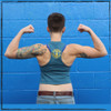 This is the back of the Strong Athletic Queer Deep Heather Teal with Yellow Ink Crop Racerback Tank Top by Strong Athletic. This is one of our favorite crops, the way the tank is cut in toward the shoulder blades makes the racerback look awesome.  #strongathletic #strongathleticqueer , #queerathlete , #lgbtqia2s , #lgbt , #gayathlete , #queersinsport