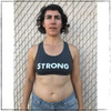 This is a front view of the Strong Sports Bra by Strong Athletic. Strong, such a simple, yet straight forward word. You might never take your shirt off at the gym or at practice, no one will see the words on your chest but you and that is powerful in itself. For those of you who hate wearing a shirt when you workout, this is the perfect companion for you. 