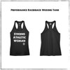 This is the front and back view of the Strong Athletic Woman Black Performance Racerback Wicking Tank Black with White Ink by Strong Athletic. People love this racerback top because the fabric is super soft, it’s almost silky. This shirt is made by Strong Athletic the queer owned, woman run t-shirt company that believes in the power of athletes speaking up for what they believe in. Strong Athletic made the Strong Athletic Woman design because we know that so many women identify as strong women, yet they are often times told to stand down, be nice, apologize for their strength and to demand less than men demand in sports. We want to change that. 