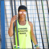 This is the front of the Strong Athletic Rower Performance Racerback Wicking Tank. This high visibility neon yellow tank will keep you highly visible on the water, which is the safest way to be when you're a rower. Strong Athletic is owned by a rowing coach, so you're supporting a rowing coach when you buy this product. Rowers love this tank because the material moves with your body, rather than being restrictive, making it perfect for working out in. This shirt is made by Strong Athletic the company the knows how important it is for people to have a platform in which they can speak up. 