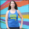 This is the front of the Strong Athletic Skater Blue Racerback Tank Top with Yellow Ink. This tank comes in sizes S-2XL. This design is printed on stretchy fabric that can either be form fitting or loose depending on which size you choose. We print this design on the very popular Bella Canvas Racerback Tank, Style no. 8430. #strongathleticskater , #strongathletic , #strongathleticskaters , #rollerderby , #rampskater , #bowlskater