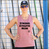 This is the front of the Strong Athletic Mom Flowy Muscle Tank Heather Mauve with Black Ink. The scoop neckline is one of the things that makes it appealing to the people who love this drop arm muscle tank. This Bella Canvas Tank, style number 8803 is one of the most popular designs we print on. This is probably why this tank top is such a popular choice for people when they are buying Mother's Day gifts. We're always asking people if they think this tank is pink, or blush or rosy or mauve colored. What color do you think this tank is? 