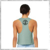 This is the back of the light-weight light blue crop top racerback with the words Strong Athletic Woman printed in bold black ink across the front. The Strong Athletic logo is printed on both the front and the back of this tank. The racerback cuts in toward the center of the back, showing the shoulder blades. 