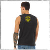 This is the back of the Strong Athletic Human dropped arm dark grey muscle tank printed with yellow ink. 