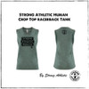 This is the Strong Athletic Human Muscle Tank printed on dark green fabric with black ink. The Strong Athletic logo is printed on both the front and the back of the tank. 