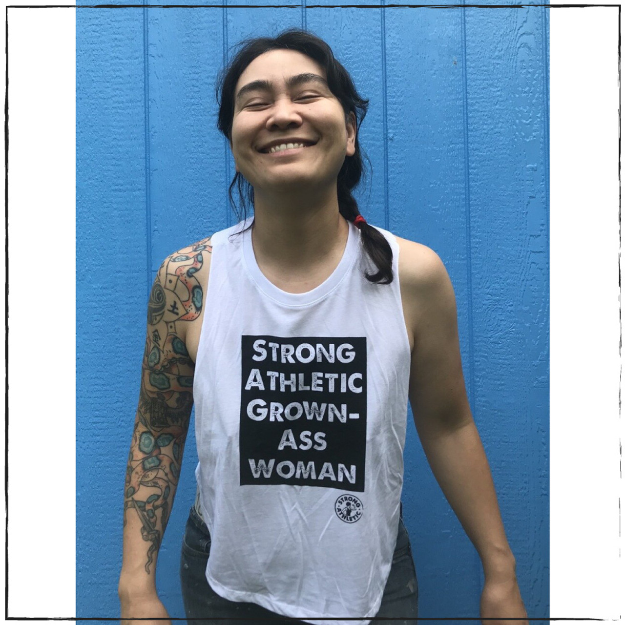 Shirts with Feminist Designs the Strong Athletic Grown-Ass Woman  Performance Racerback Wicking Tank- Black with White Ink