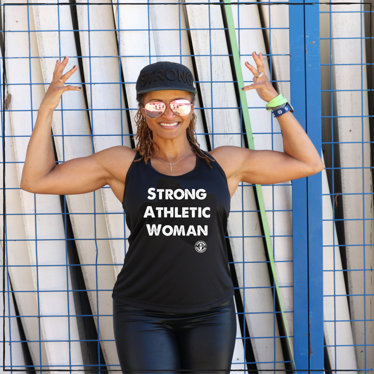 Strong Athletic Woman Black Performance Racerback Wicking Tank Black with  White Ink by Strong Athletic