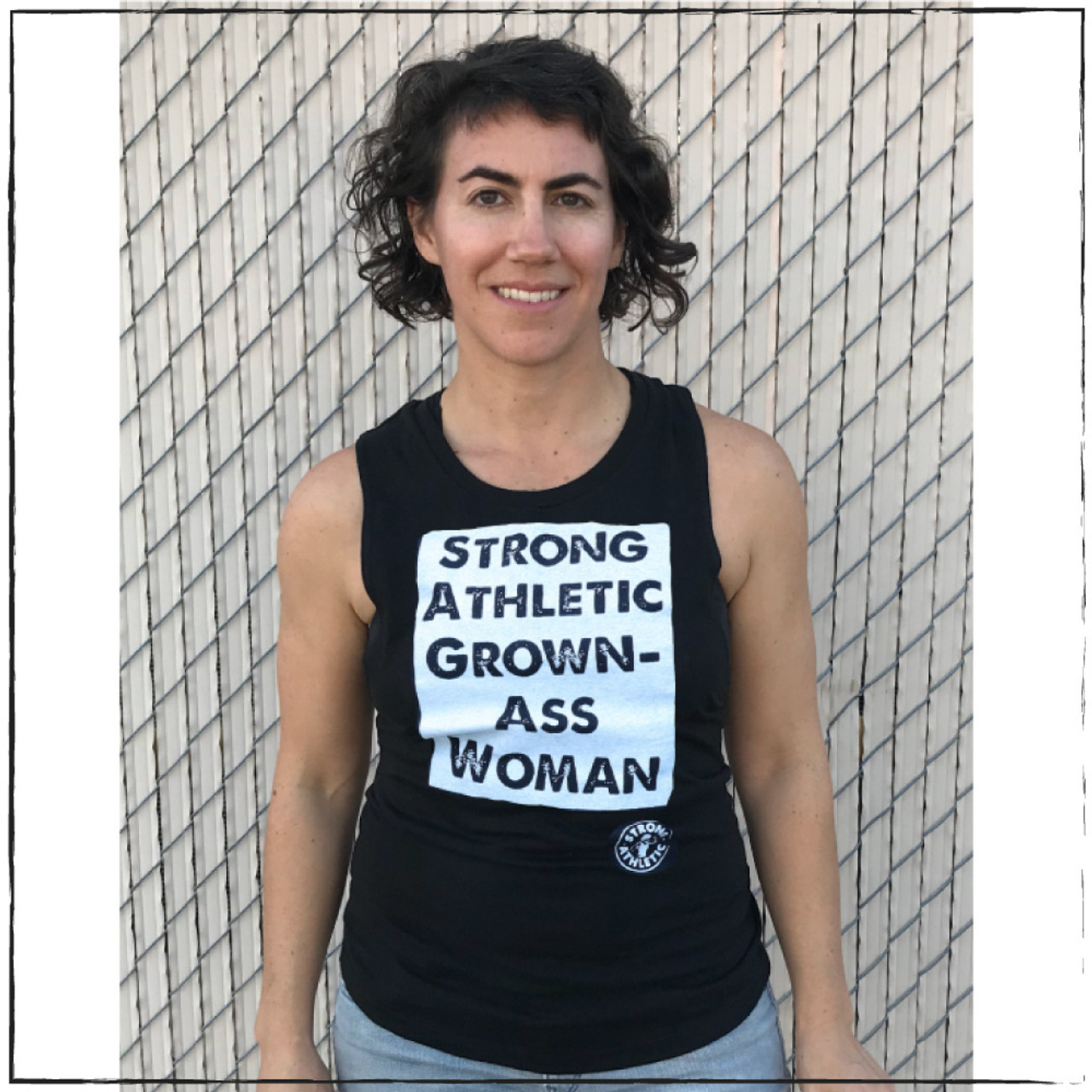 Strong Athletic Grown-Ass Woman Muscle Tank Solid Black with White Ink