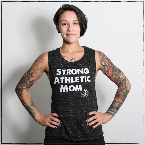 Strong Athletic Mom muscle tank top or vest for all the powerful, awesome, bad-ass moms in the world. Show off your arm muscles in this tank! This tri-blend, black flowy tank is perfect for the gym or going out. Wear your favorite sports bra with it and when your kid yanks on the bottom of your shirt to get your attention, it won't stretch! The black is perfect for hiding any stains from bottles!  We print this design on Bella Canvas 8803. 