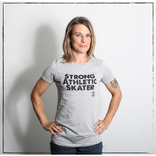 This is the front of the Strong Athletic Skater T-shirt. This grey with shirt has black ink on it and words that are about being a skater. This design is printed on Bella Canvas. You're strong. You're athletic. You skate. Wear these words in bold letters across your chest. Be proud. Stand out. Be loud. Be seen. #strongathletic , #strongathletiskater , #rollerderby , #rollerderbyskater , #rollerderbyathlete 