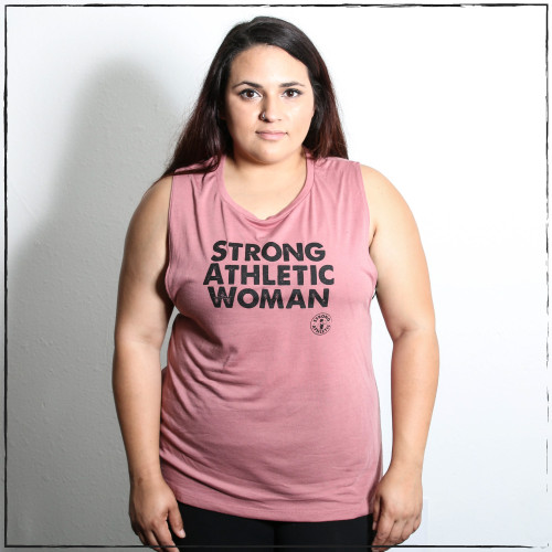 This is the front of the Strong Athletic Woman Mauve Flowy Muscle Tank with Black Writing. The scoop neck line compliments to the cut of the arm holes. This Bella Canvas 8803 Tank is by far one of the most popular shirts that we carry. 