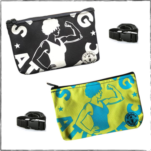 These are the hand made waterproof fanny packs with a zipper and an adjustable nylon strap made by Flat Track Revolution for Strong Athletic. This bag measures approximately 9" x 5.5" x 0.5". It's small enough to carry in your hand as a clutch or to put inside a larger purse, but large enough to carry a wallet, a cell phone, a set of keys, a face mask, a Kindle book reader. 