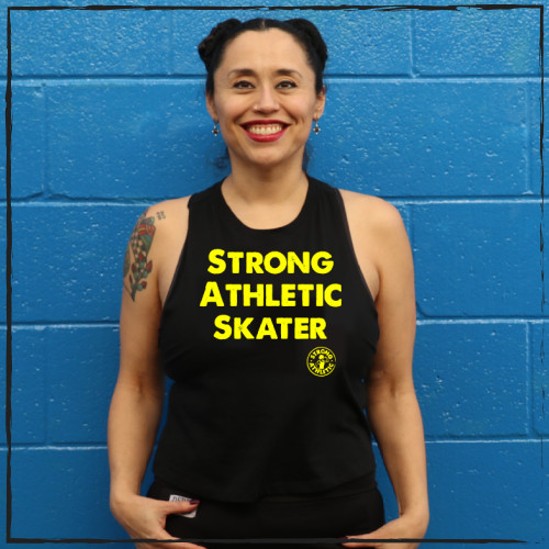 This is the black crop top that has the words Strong Athletic Skater printed in bold yellow ink across the front. Love crops and love skating? Then this flowy tee is perfect. The sleeves are unfinished, making it look like you cut your favorite t-shirt to be a tank. Strong Athletic is a skater owned and operated company. 