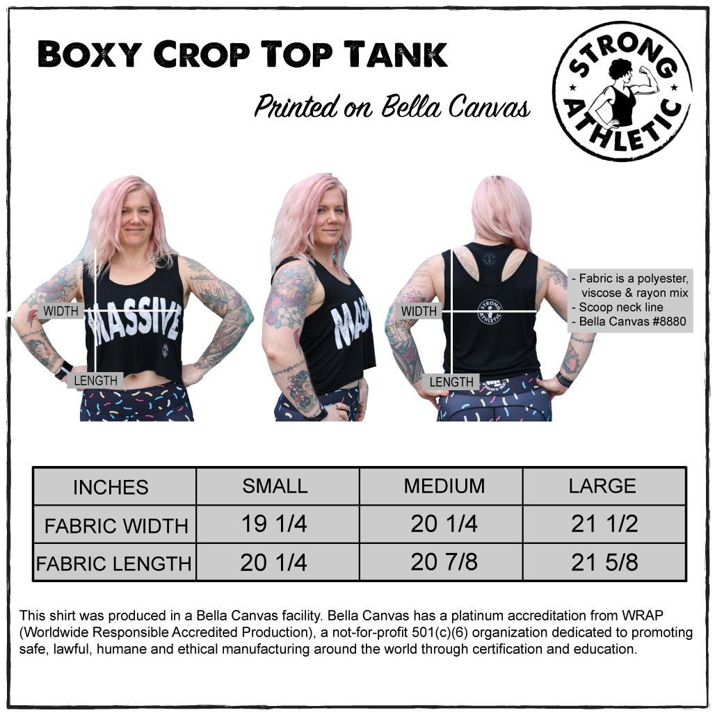 This is the size chart fo the Bella Canvas Boxy Crop Top 8880 that Strong Athletic Print on. In this image, the athlete is wearing a black Massive Tank. She is standing in three different positions, so you can see the front, side and back view. 