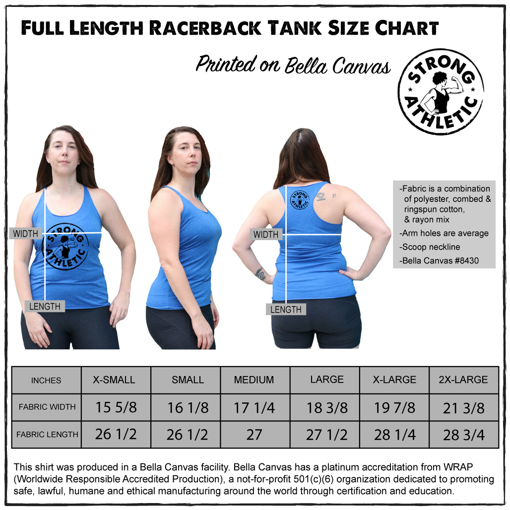 This is the image of the Bella Canvas Full Length Racerback Style number 8430. The athlete in the photo is wearing a blue racer back tank top, and there are three different images, and a size chart. 