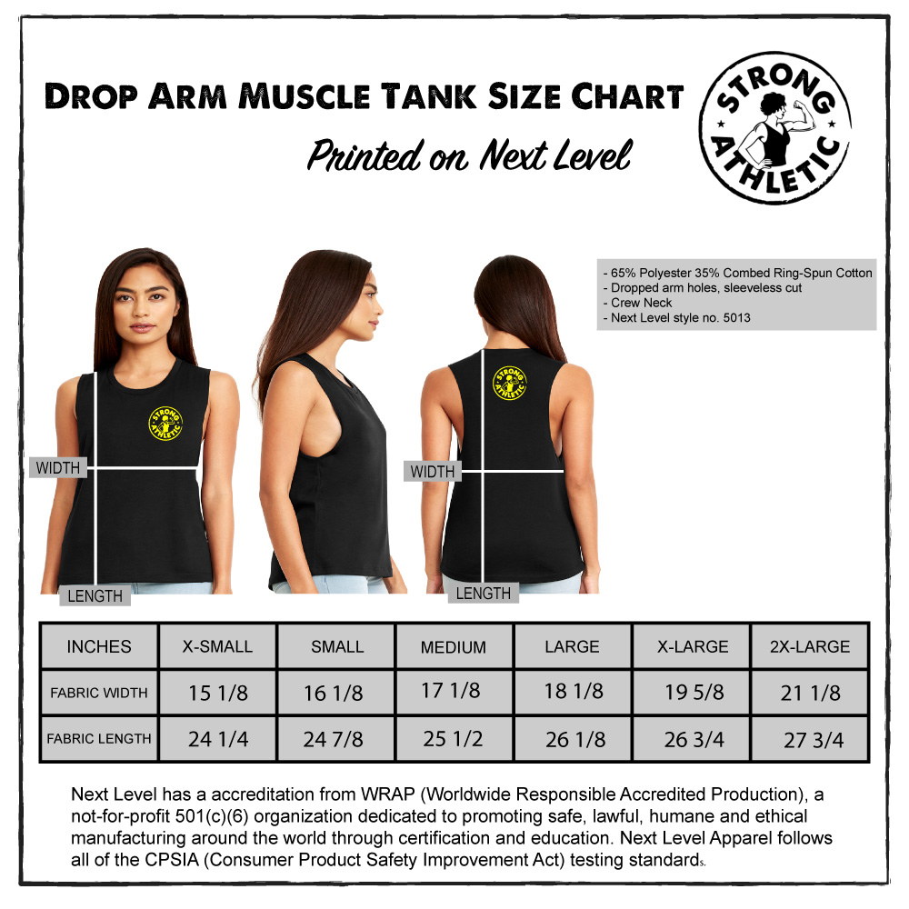 Next Level Drop Arm Muscle Tank Size Chart by Strong Athletic