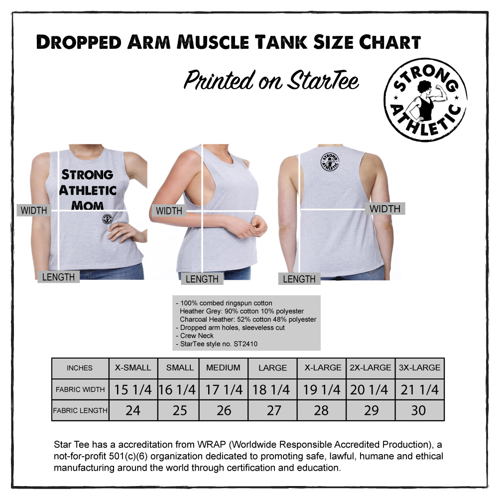 StarTee Dropped Arm Muscle Tank Top Size Chart for Strong Athletic