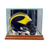 mini helmet display case with yellow and black football helmet on cherry wood base sitting at an angle