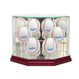 6 baseballs in display case with glass and cherry wood base