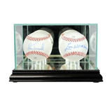 multiple baseball holder glass case with 2 baseballs and cherry wood base