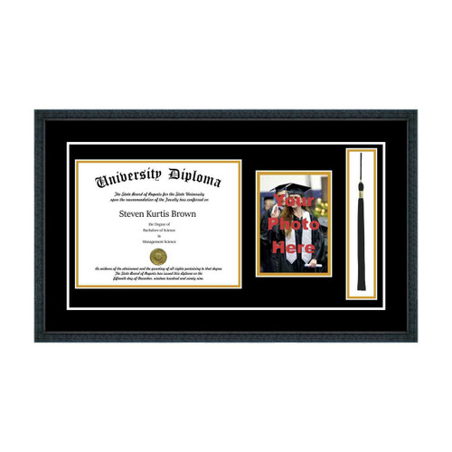 black graduation frame with tassel featuring small picture placeholder and school diploma
