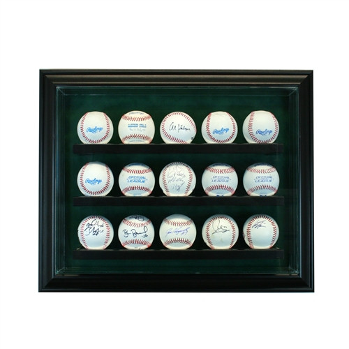 15 Baseball Cabinet Style Display Case Black w/ Green Suede
