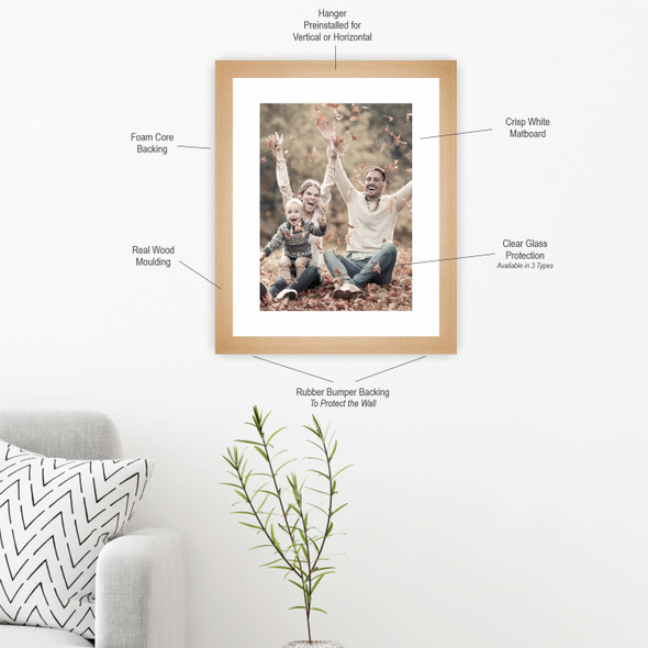 Natural Color Wood Picture Frame with White Matting for Photos and Wall Art | Real Wood Moulding and Double Strength Glass | 4x6 5x7 8x10 11x14 16x20 18x24