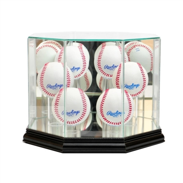 glass baseball ball case with black base and 6 baseballs
