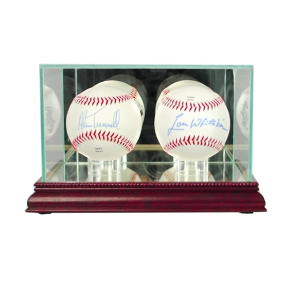 Alan Trammell and Lou Whitaker signed baseballs inside glass double baseball display case with mirrored cherry wood base