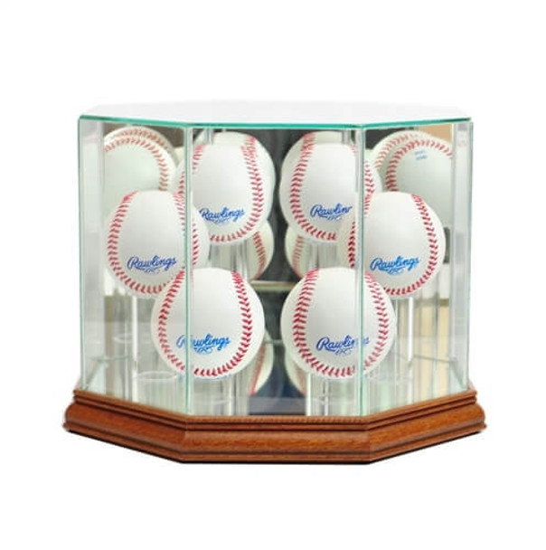 6 baseball display case with mirrored cherry wood base