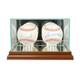 2 hall of fame players signed baseballs on display inside mirrored case with walnut wood base