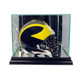 mini black and yellow football helmet inside mirrored glass case with cherry wood base