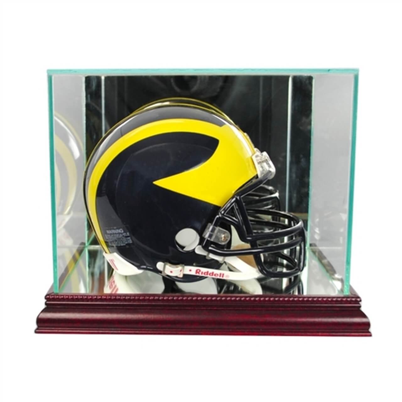 A mini football helmet in a display case