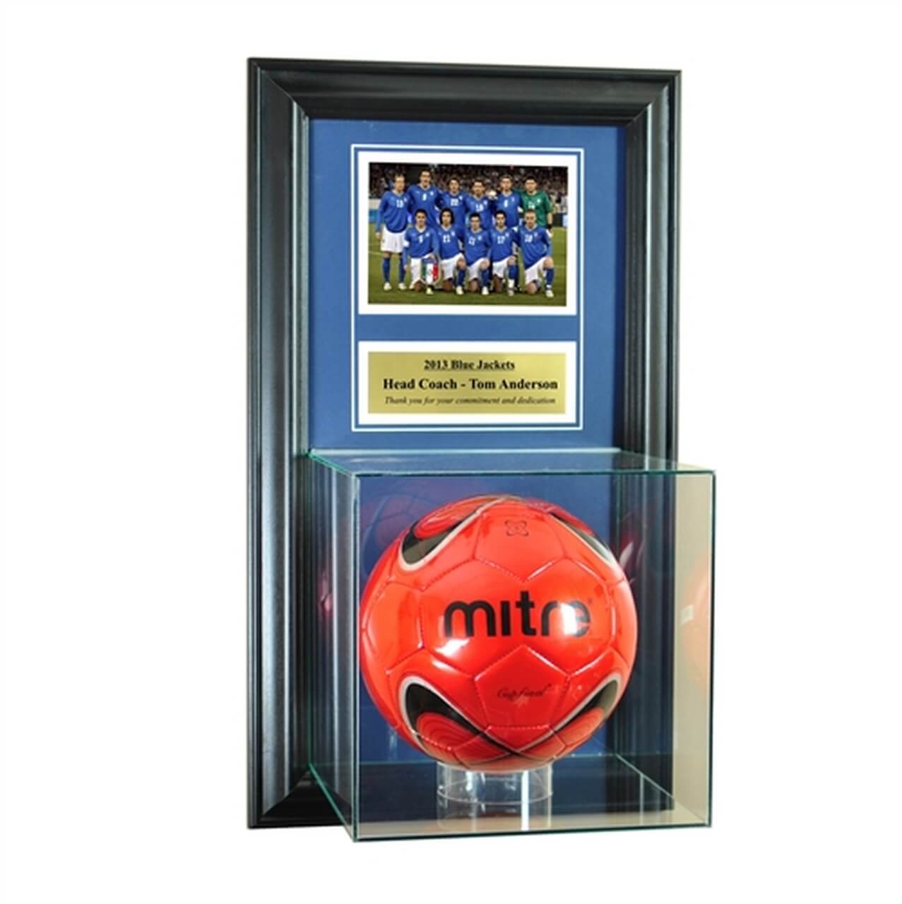 Perfect Cases and Frames wall mounted soccer case with 5x7 and engraving plate for an individual award