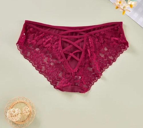 Red lace knickers with strappy rear detail.