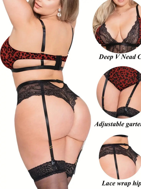 Lingerie model showing rear view of re leopard print teddy lingerie.