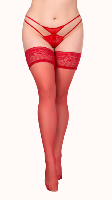 Red, lace top plus size stockings with silicone hold up bands.