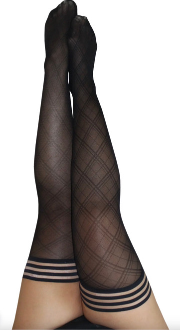 Kix'ies thigh high stockings. Plus size black semi-sheer hold up stockings with diamond shaped print detail and 3 band silicone tops.