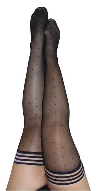 Kix-ies thigh high stockings. Black, sheer hold up stockings with dot detail and 3 band non-slip silicone tops.