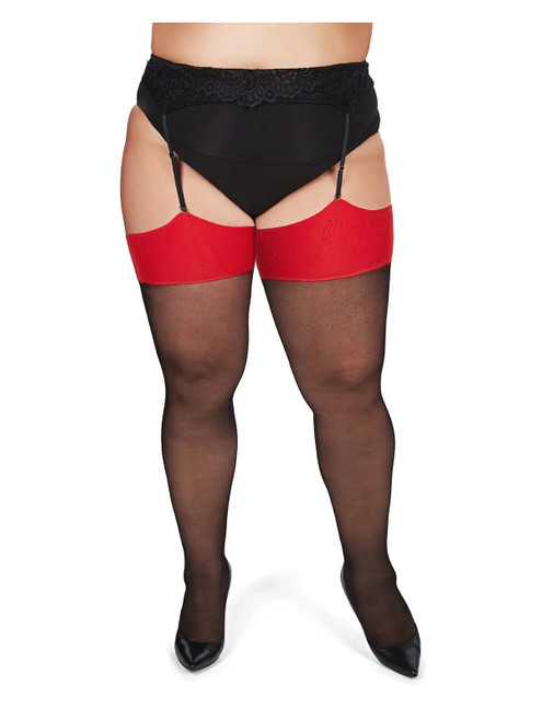 Plus size sheer stockings with wide red tops and retro red back seams with cuban heels.