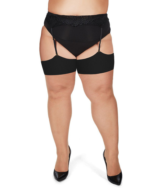 Plus size sheer stockings with wide black tops and retro black back seams with cuban heels.