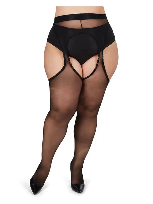 Plus size black garter stockings with black waist and sheer stockings area.