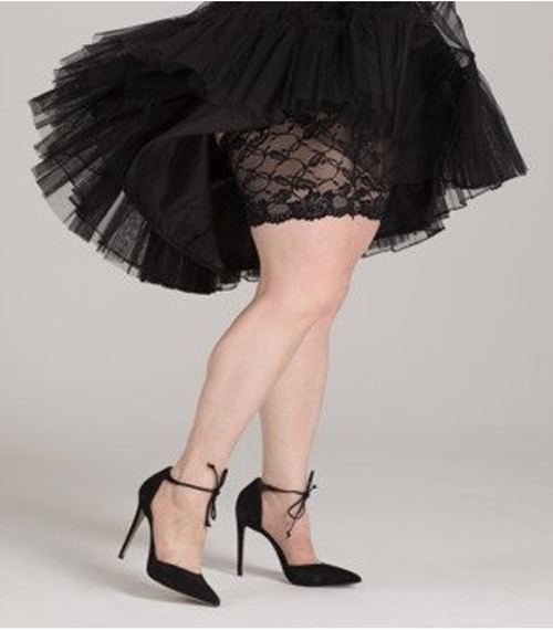 Thigh Lites anti-chafing thigh bands. Black elasticated lace with lined  inner thigh protection. Silicone bands and scalloped lace edging.