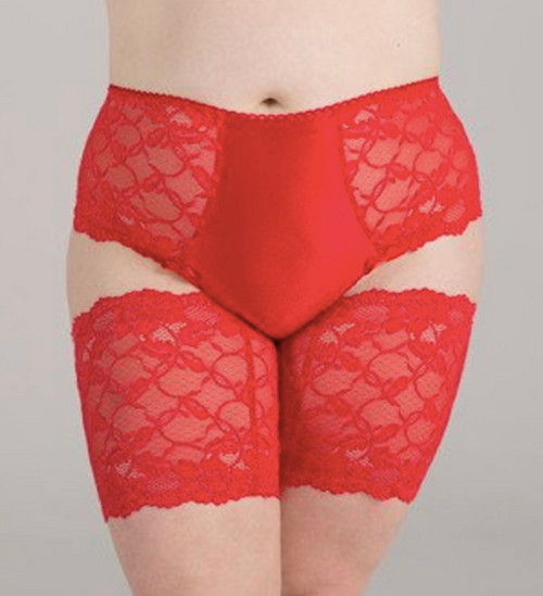 Plus size red lace anti chafing thigh bands with non-slip silicone bands and scalloped lace edging.