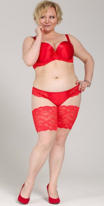 Thigh Lites anti-chafing thigh bands in stretch red lace with lined thigh area and silicone hold up bands.