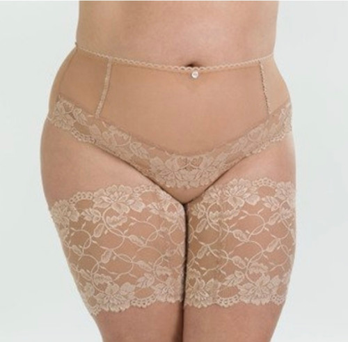 Plus size black, stretch lace anti chafing thigh bands with non-slip silicone bands.
