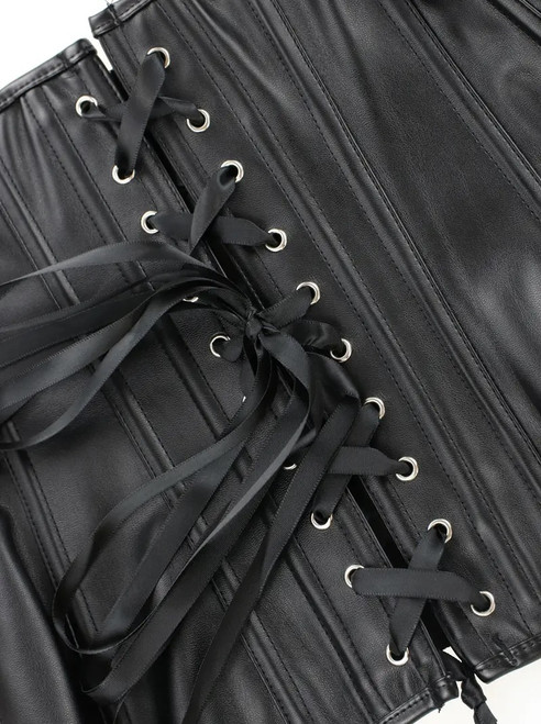 Black faux leather corset with satin ribbon lace up rear.