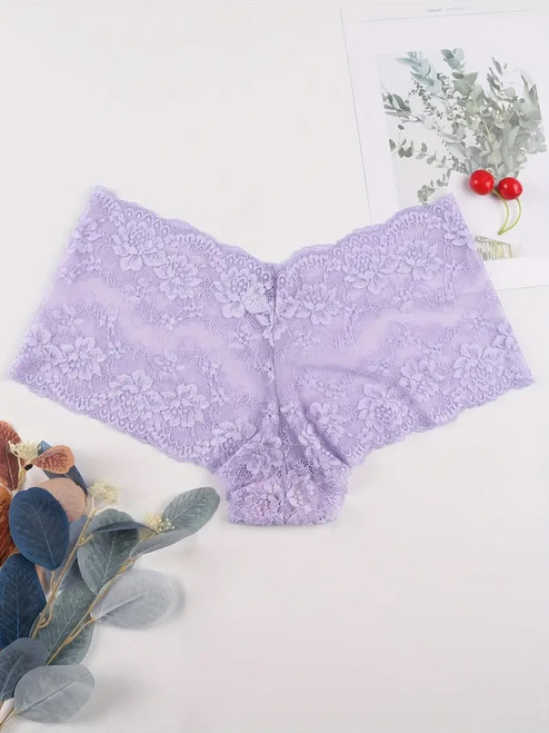 Plus size lilac floral lace booty shorts with scalloped edges.